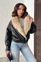|   Double-Breasted Leather Coat with Fur Collar - Black Stone |   F2050