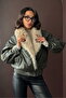 Double-Breasted Leather Coat with Fur Collar - Khaki