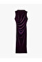 Slim Fit Bodycon Draped Light High Neck Slit Sleeveless Midi Length Velvet Dress - 5