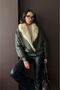 Double-Breasted Leather Coat with Fur Collar - Khaki - 3