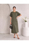 Women's Crew Neck Sleeve Button Detailed Oversize Flowy Casual Dress - 3