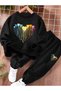 Girl's Black Crew Neck Colorful Painted Hearts Sweatshirt-Black Sweatpants Set