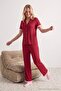 Bordo-Pembe %100 Pamuklu Fırfır Detaylı Örme Pijama Takımı THMSS24PT00223