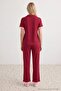 Bordo-Pembe %100 Pamuklu Fırfır Detaylı Örme Pijama Takımı THMSS24PT00223 - 4