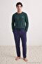 Green-Navy Blue Regular Slogan Printed Knitted Pajama Set Tmnaw27Pt00019 - 3