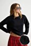 Siyah Dantel Detaylı Regular Kalıp Bisiklet Yaka Örme İnterlok Sweatshirt TWOAW27SW00084 - 3