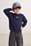 Navy Blue Boys' Cotton Thick Embroidered Knitted Sweatshirt Without Patches Tkdaw27Sw00062