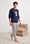 Navy Blue Regular Striped Teddy Bear Patterned Knitted Pajama Set Tmnaw27Pt00053 - 2