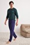 Green-Navy Blue Regular Slogan Printed Knitted Pajama Set Tmnaw27Pt00019