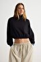 Black Thick Elastic Waist High Neck Oversize/Wide Cut Crop/Short Knitted Sweatshirt Twoaw27Sw00031