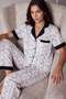 Siyah-Beyaz %100 Pamuklu Çiçekli Manşetli Örme Pijama Takımı THMAW27PT00126 - 2