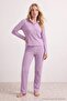 Lila Yaka Detaylı Yumuşak Tuşe Kışlık Waffle Örme Pijama Takımı THMAW27PT00097 - 2