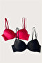 Black-Red 2-Piece Micro Fabric Push up Padded Underwire Daily Support Bra