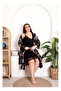 Plus size floral lace embroidered black two-piece nightgown and robe set