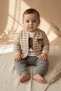 Baby Boy Green Striped Teddy Bear Embroidered 3-Piece Set - Cotton Zippered Cardigan and Comfortable Jogger Bottoms