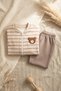 Baby Boy Beige Striped Teddy Bear Embroidered 3-Piece Set - Cotton Zip-Up Cardigan and Comfortable Jogger Bottom Set - 6