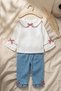 Girl's White Muslin Blouse and Gingham Bow Detail Jeans Two-Piece Set - 100% Cotton - 6