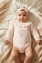 Baby Girl Salmon Corduroy Cotton Scallop Collar Floral Embroidered Bodysuit and Bandana Set - Retro Elegance - 3