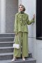 Cupra Suit with Tie Collar, Lace Ruffles, Belted Pants and Lining - Olive