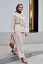Cupra Suit with Tie-Neck Lace, Ruffles, Belted Pants and Lining - Stone Color - 5