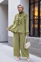 Cupra Suit with Tie Collar, Lace Ruffles, Belted Pants and Lining - Olive - 3