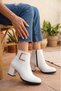 Women's Athens White Skin Buckle Detailed Heeled Short Boots - 5