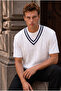 Oxford Relaxed Fit Stripe Collar Braided V-Neck Men's Knitwear Sweater - White - 3