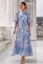 95% Cotton Blue Floral Patterned Belted Balloon Sleeve Maxi Premium Dress - 2