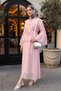 Tulle Voile Dress with Tie Collar, Ruffle Detail, Lining, and Belt -Powder - 3
