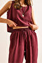 Women's Burgundy Top Blouse Bottom Pocket Pants Soft Texture Suit Tkm-19000411 - 5