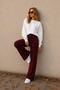 Women's Burgundy Front Ribbed Wide Fit Wide Leg Modal Fabric High Waist Recovery Pants Leggings - 4