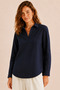 Women's Navy Blue V-Neck Long Sleeve Comfortable Fit Blouse Shirt