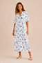 Women's White Blue Floral Patterned V-Neck Midi Dress – Relaxed Fit Summer Dress -