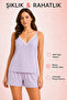 Milan Fabric Heart Patterned Lace Collar Soft Textured Summer Women's Pajama Set Lilac