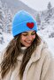 BLUE WOOLED BEANIE SILVERY RED HEART PUNCH PATTERNED HAT - 4