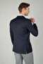 Navy Blue Wool Buttoned Comfort Woven Mono Collar Double Slit 6 Drop Blazer Jacket - 2
