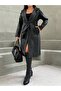Belted Premium Faux Leather Double-Breasted Collared Belted Long Trench Coat - 5