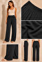 Women's Black Elastic Waist Textured Wide Leg Comfortable Cut Pants with Pockets - 6