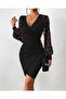 Women's Long-Sleeve Sequin Double-Breasted Collar Side Button Short Imported Crepe Dress