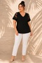 Women's Plus Size Shoulder Flower Tulle Stone Embellished Short Sleeve Stretchy Viscose Blouse - 4