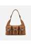 Women's Suede Leather Tan Pocket Buckle Shoulder Bag
