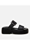 Women's Leather Black Belted Heeled Slippers