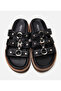 Women's Leather Black Buckle Flat Slippers - 5