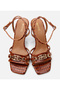 Women's Leather Tan Crocodile Patterned Heeled Sandals - 5
