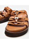 Women's Leather Tan Buckle Flat Slippers - 3