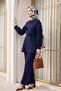 V-Neck Rose Brooch Belted Balloon Sleeve Pleated Elastic Waist Pants Dabıl Suit - Dark Blue - 3