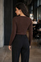 Women's Coffee V-Neck Soft Textured Lace Collar Long Sleeve Blouse Arm-26K001028 - 2