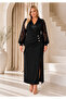Women's Plus Size Double Breasted Satin Collar Button Detail Long Sleeve Slit Flexible Long Evening Dress 24175 - 2