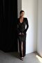 V-Neck Slit Detailed Padded Maxi Length Black Lace Dress - 3