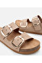 Women's Nubuck Leather Beige Belted Flat Slippers - 5